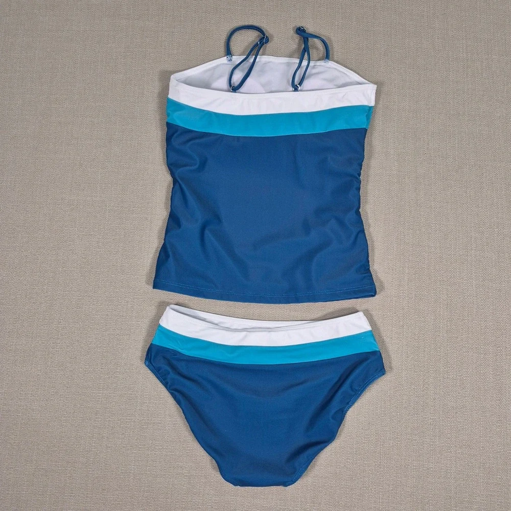 Blue Color Block Tankini Swimsuit Ruched Two Piece Kids Size 11-12Y